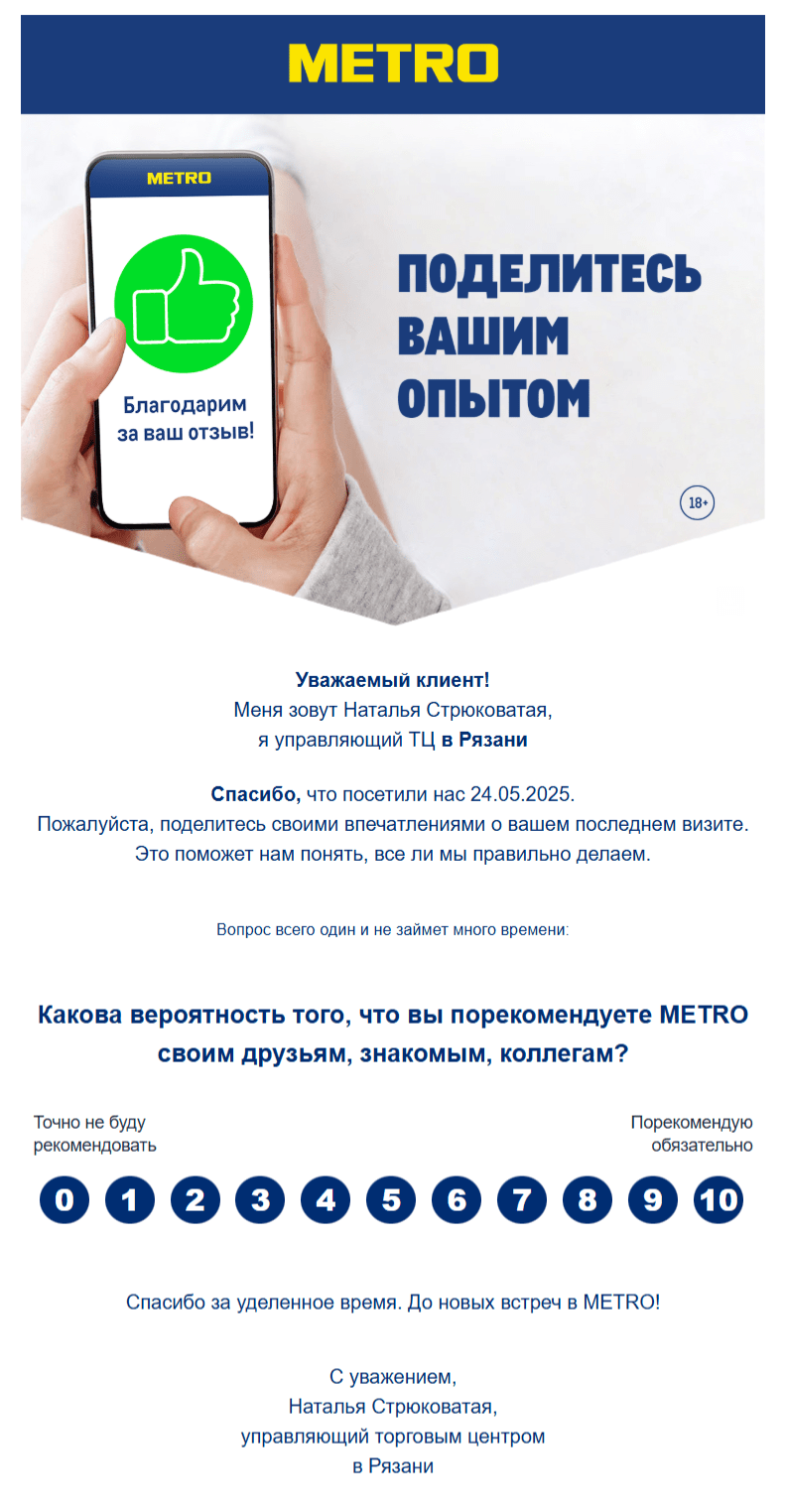 триггерное письмо METRO с запросом отзыва о процессе покупки