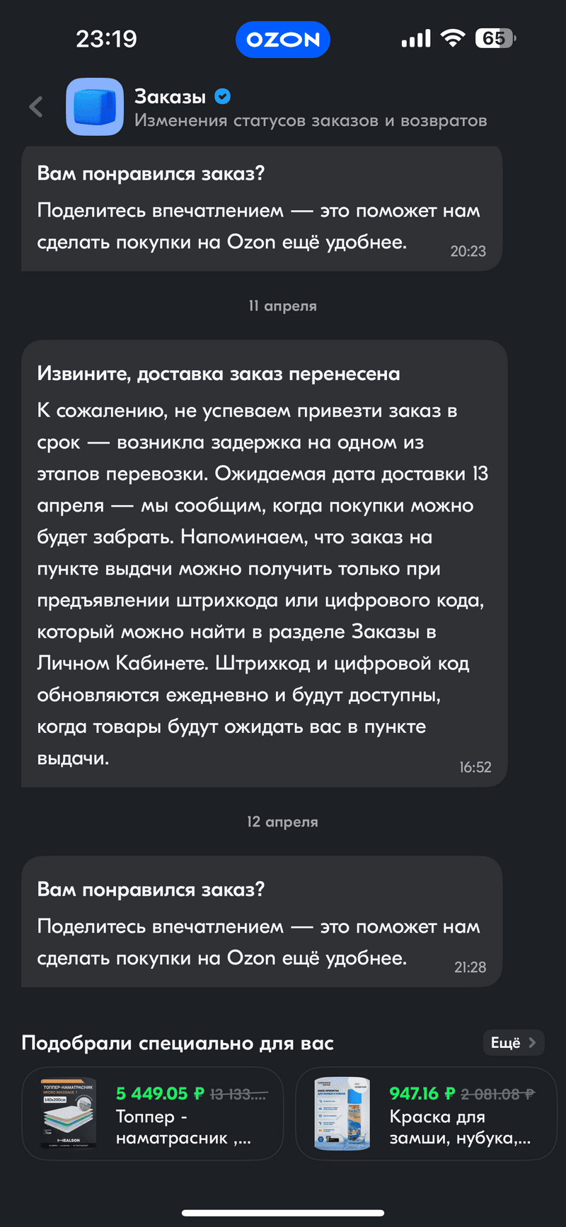 пример чат-бота Ozon
