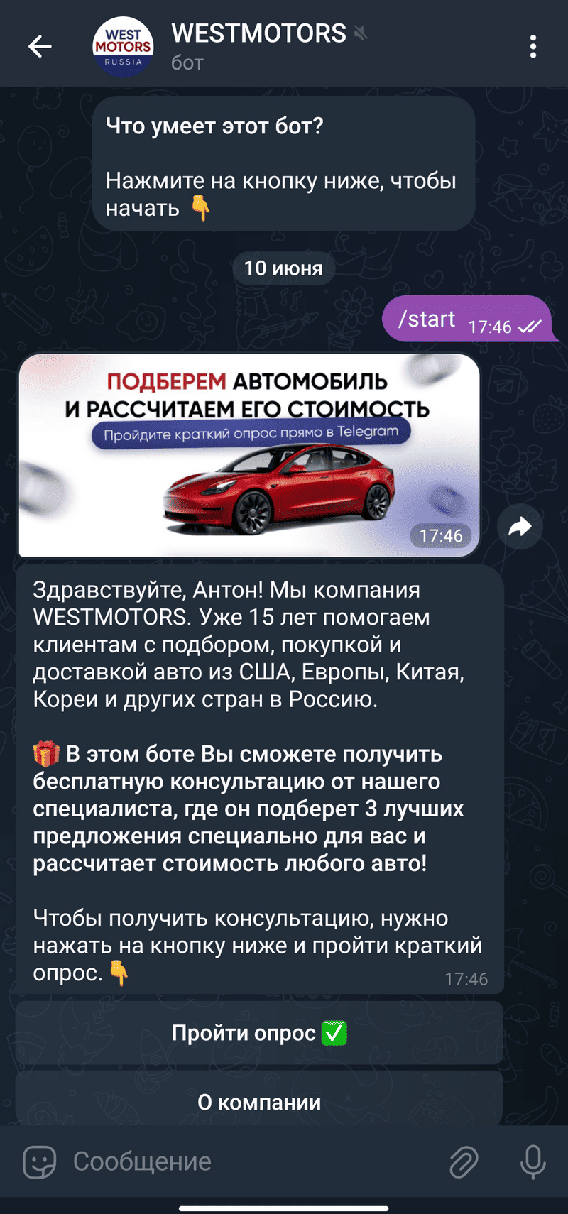 пример чат-бота WestMotors
