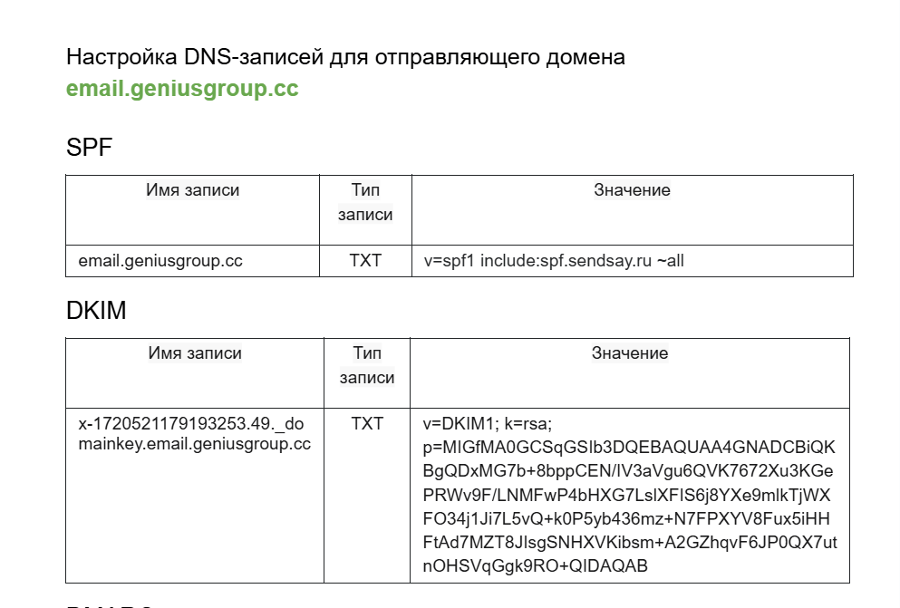 фрагмент ТЗ на настройку DNS-записей для емейл-рассылки