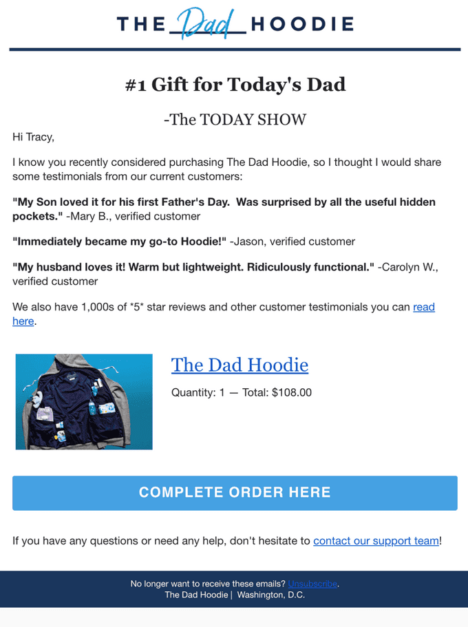 отзывы в триггерной рассылке Dad Hoodie