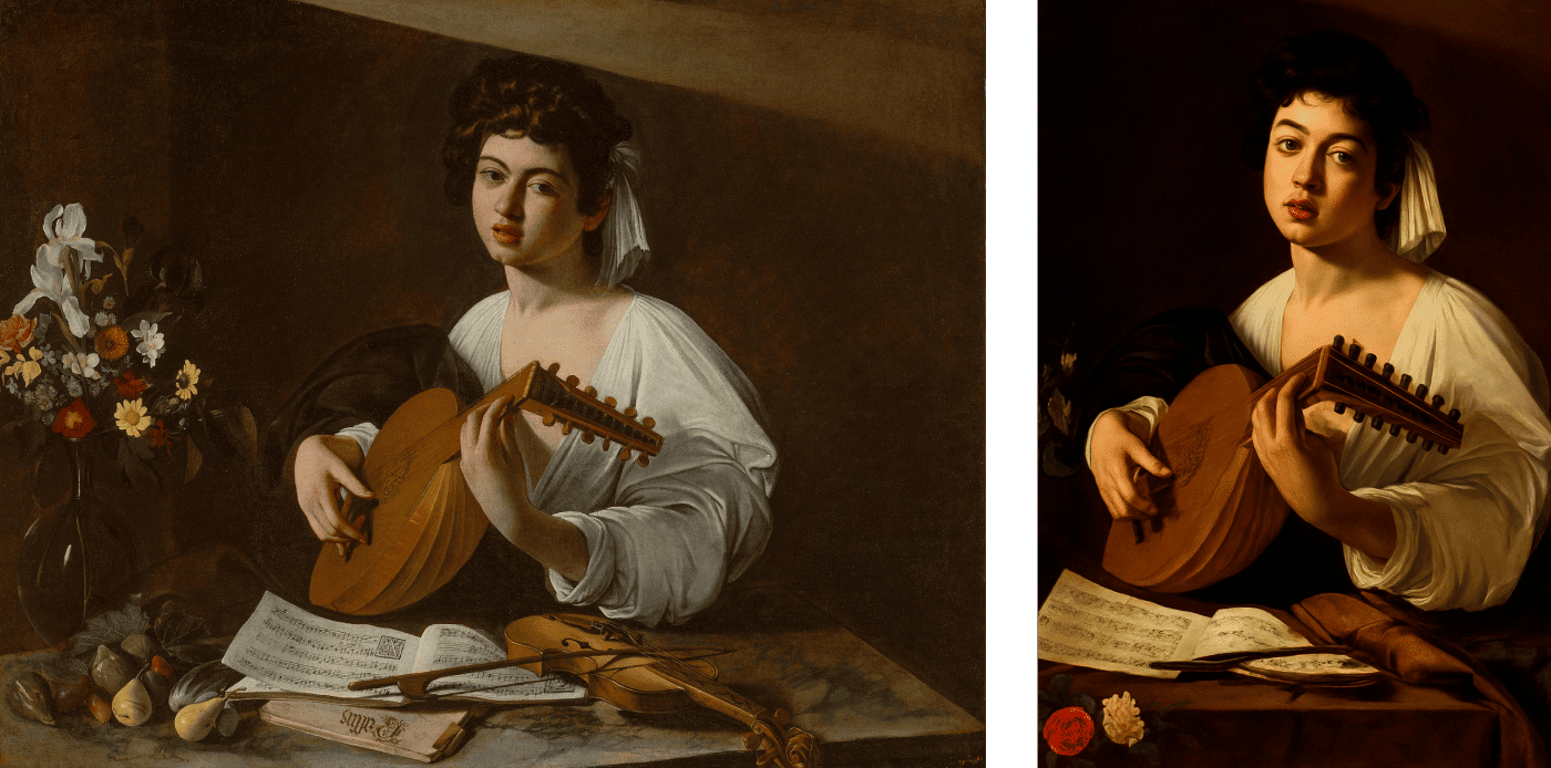 слева — оригинальная картина «Лютнист», справа — генерация на её основе для рассылки